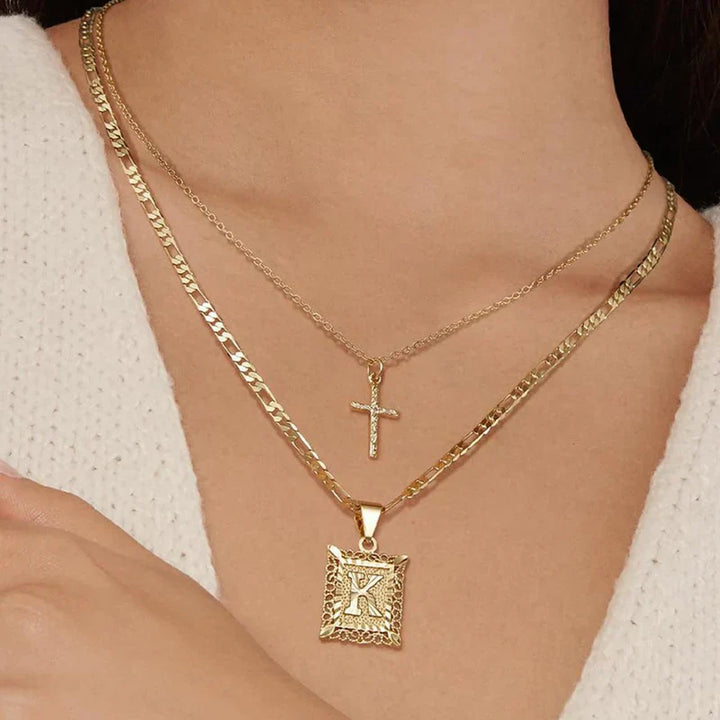 Initial and Cross Gold Necklace Set