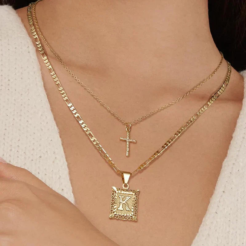 Gold Initial Cross Necklace Set