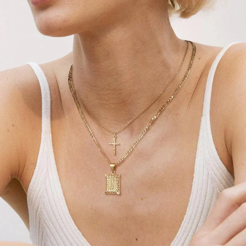 Initial and Cross Gold Necklace Set