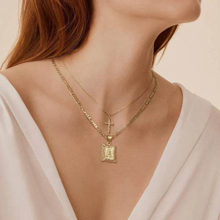 Initial and Cross Gold Necklace Set