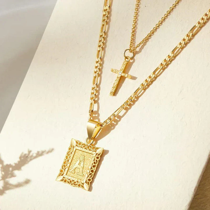 Gold Initial Cross Necklace Set