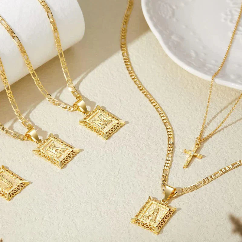 Gold Initial Cross Necklace Set
