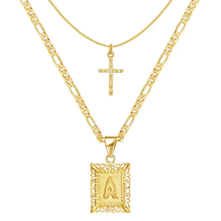 Initial and Cross Gold Necklace Set