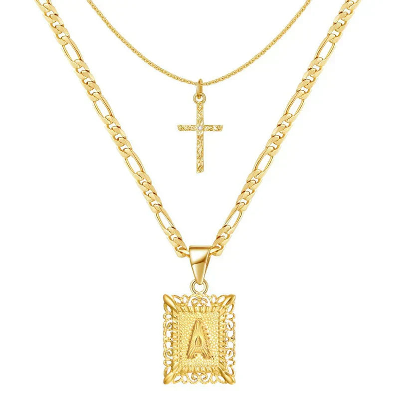 Gold Initial Cross Necklace Set