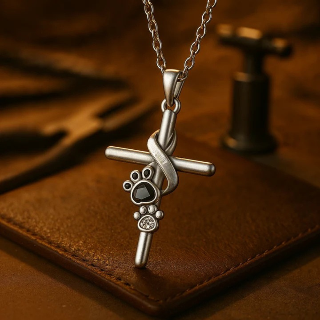 Paw Print & Cross Silver Pendant Necklace