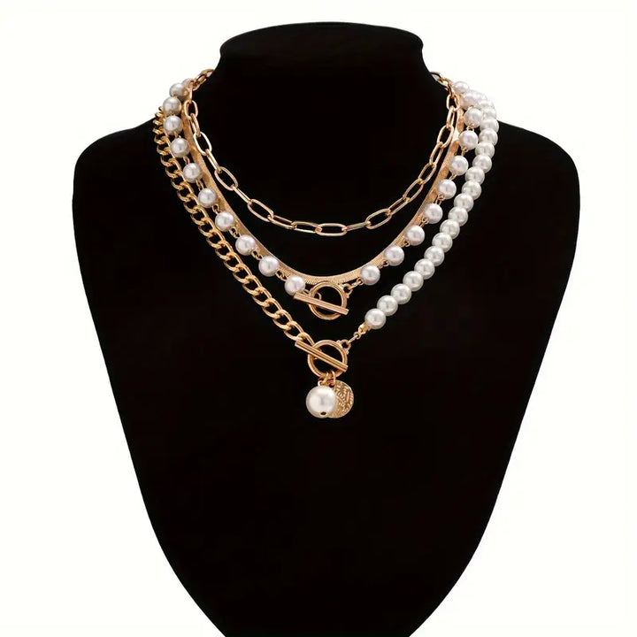 Gold Vintage Pearl & Snake Chain Necklace Set