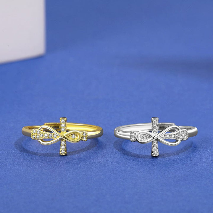 Adjustable Silver Cross and Bow Ring