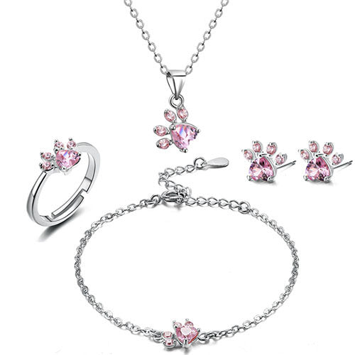 4-Piece Rose Gold Paw Jewelry Set with Zircon Heart for Women