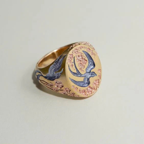 Vintage Hummingbird Ring in Blue and Gold