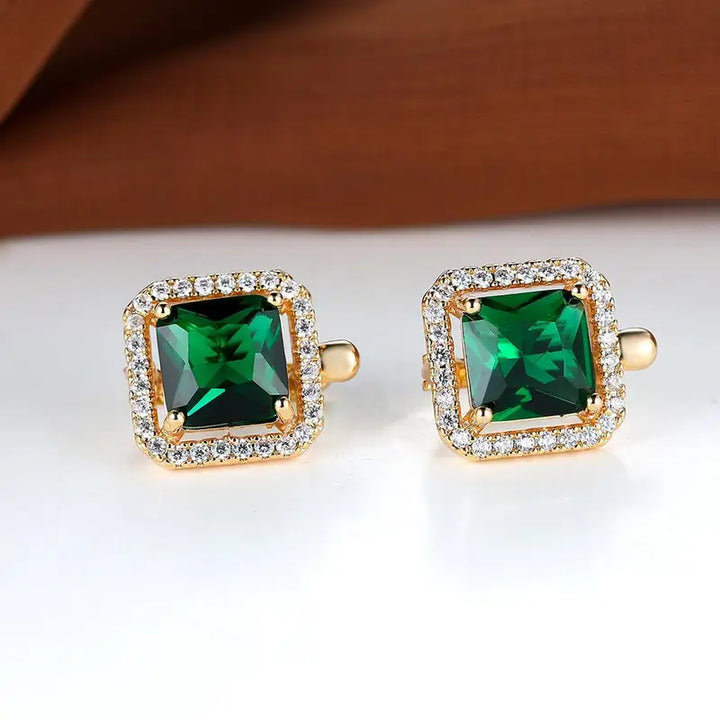 Square Green Zirconia Gold Earrings