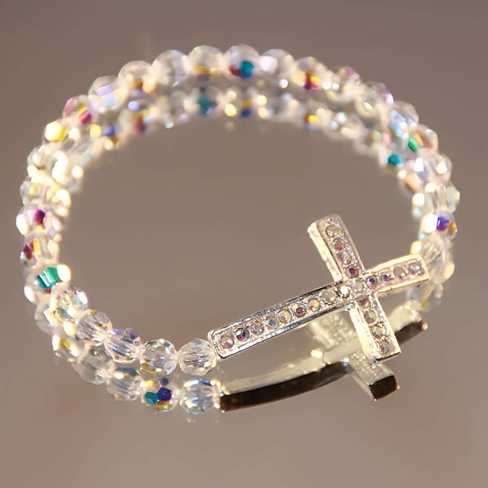 Shimmering White and Blue Peacock Cross Bracelet: A Symbol of Faith