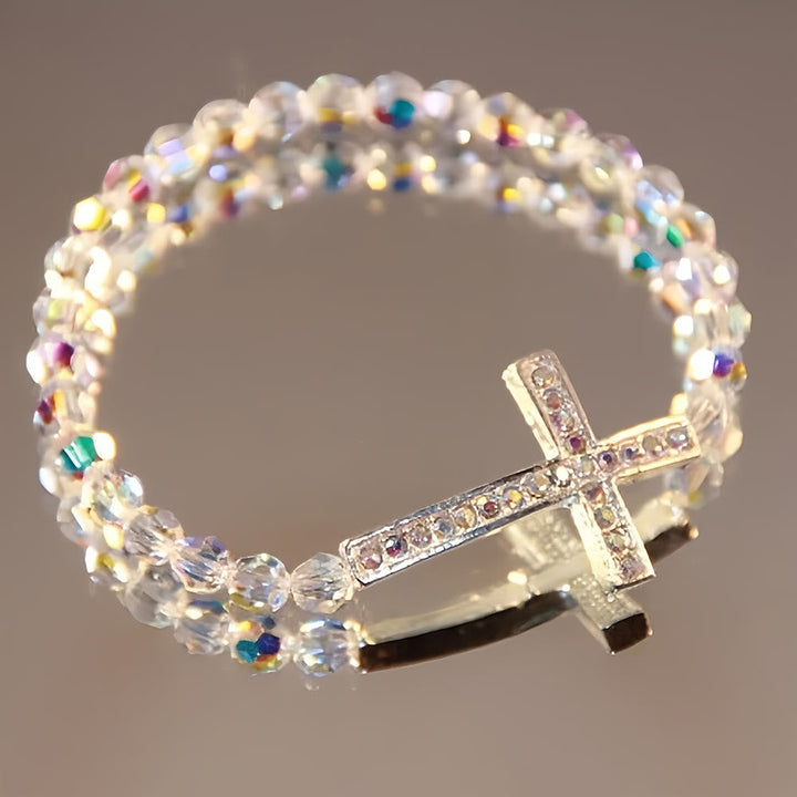Shimmering White and Blue Peacock Cross Bracelet: A Symbol of Faith