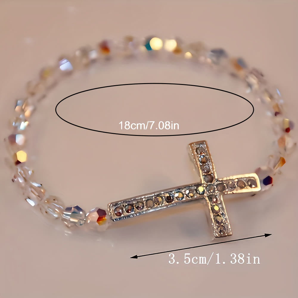 Shimmering White and Blue Peacock Cross Bracelet: A Symbol of Faith