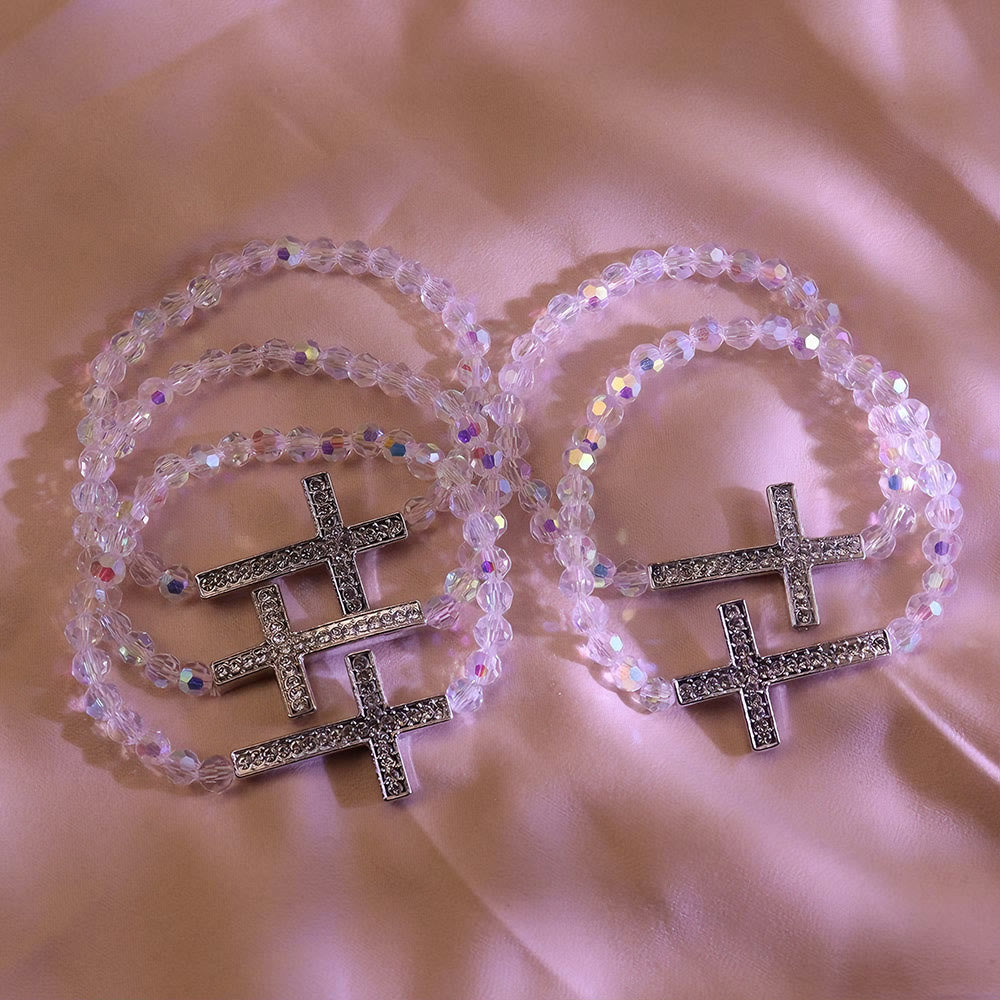 Shimmering White and Blue Peacock Cross Bracelet: A Symbol of Faith