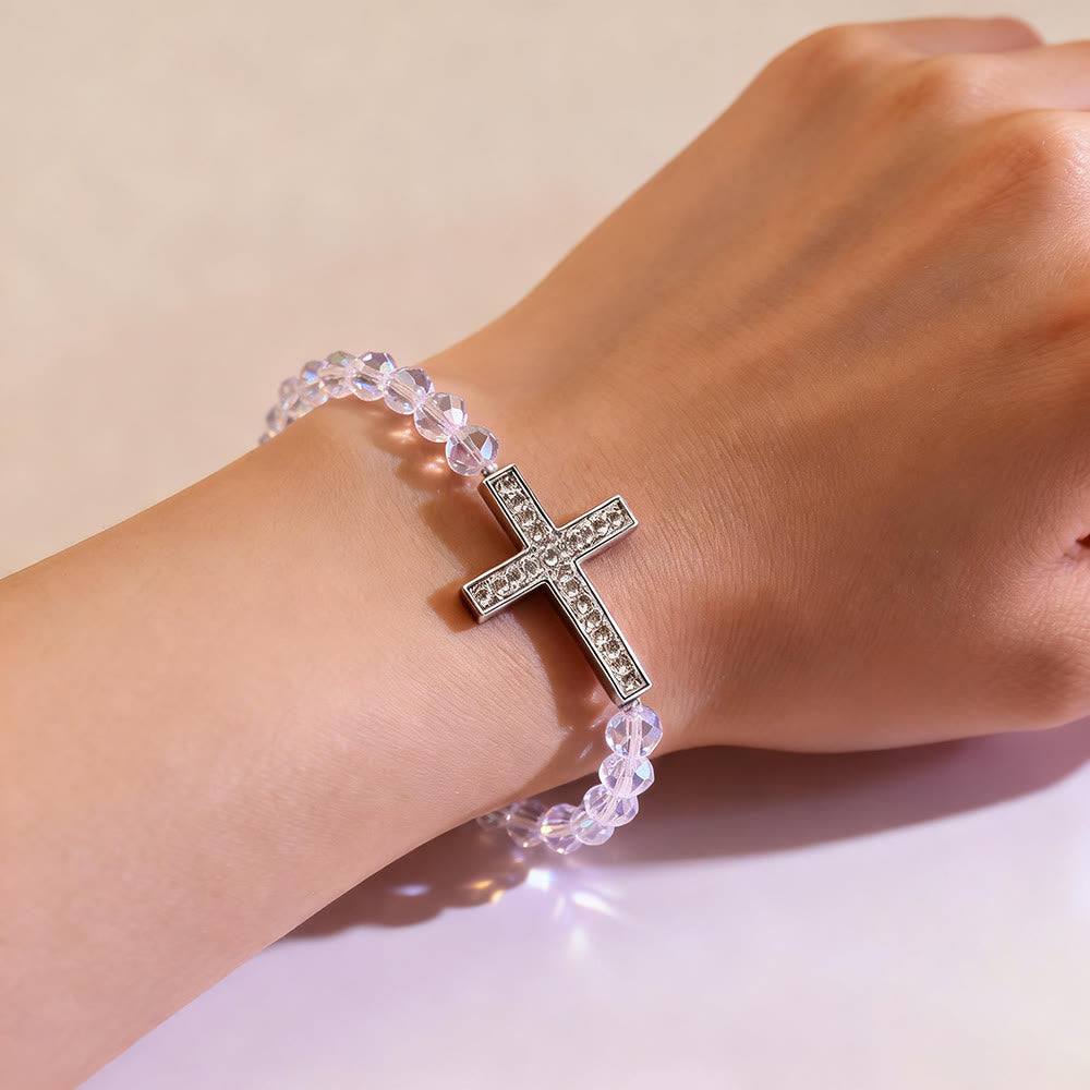 Shimmering White and Blue Peacock Cross Bracelet: A Symbol of Faith