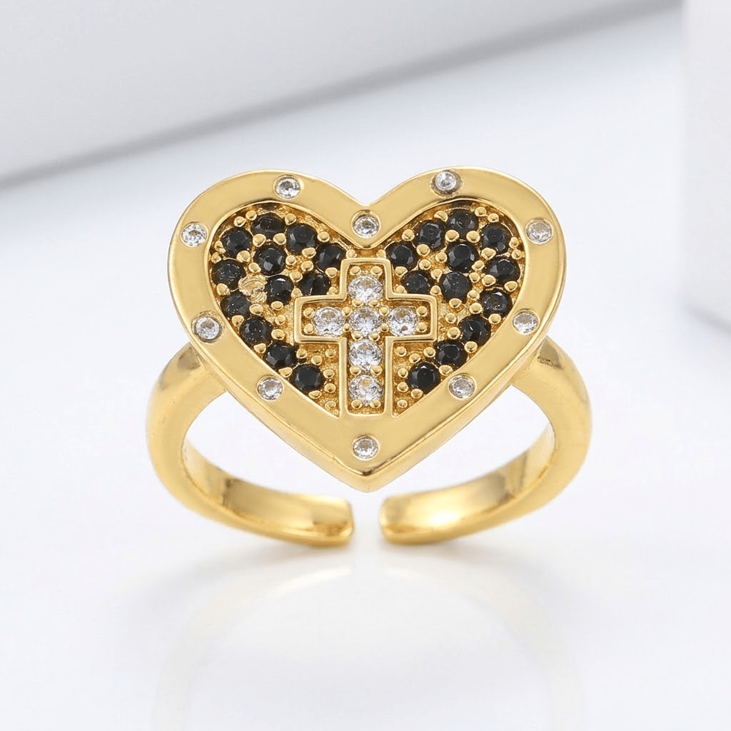 Adjustable Silver Heart and Colorful Cross Ring