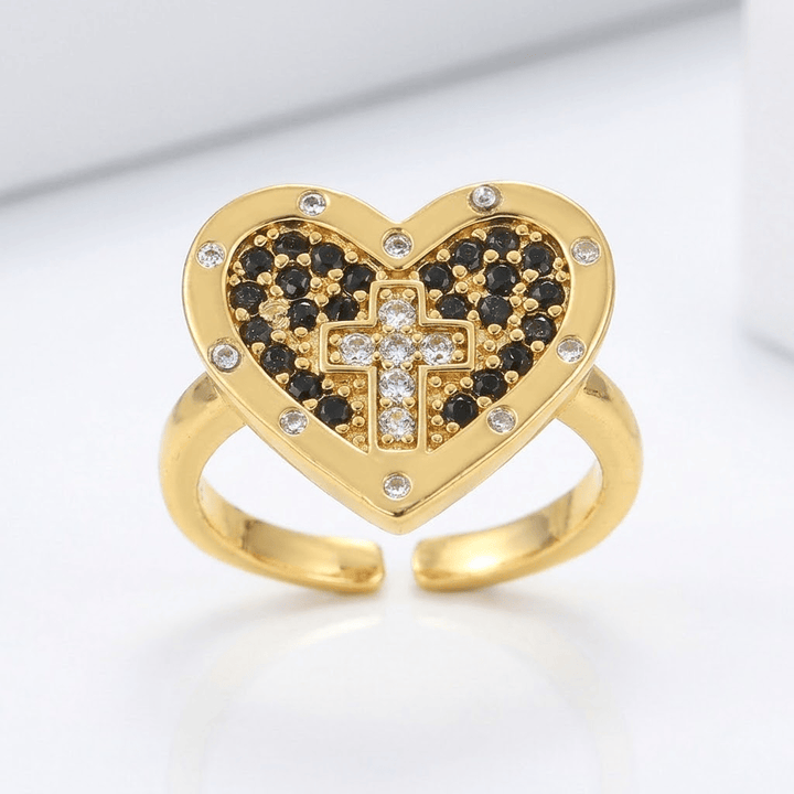 Adjustable Silver Heart and Colorful Cross Ring