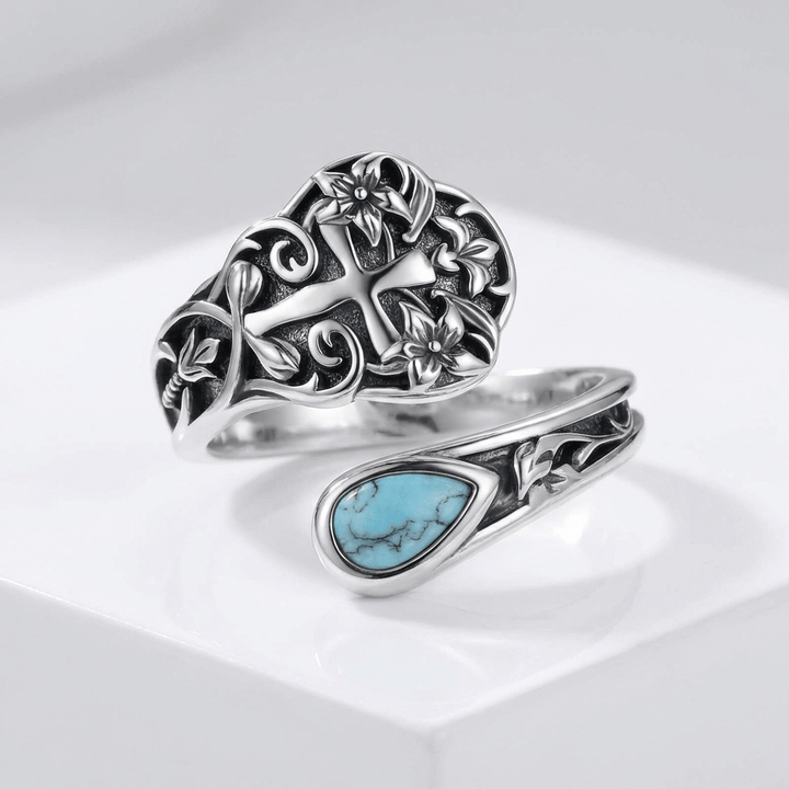 Adjustable Floral Turquoise Cross Ring