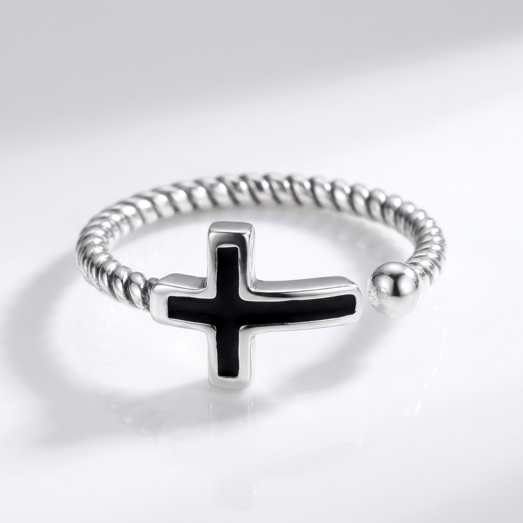 Adjustable Blessed Black Cross Ring