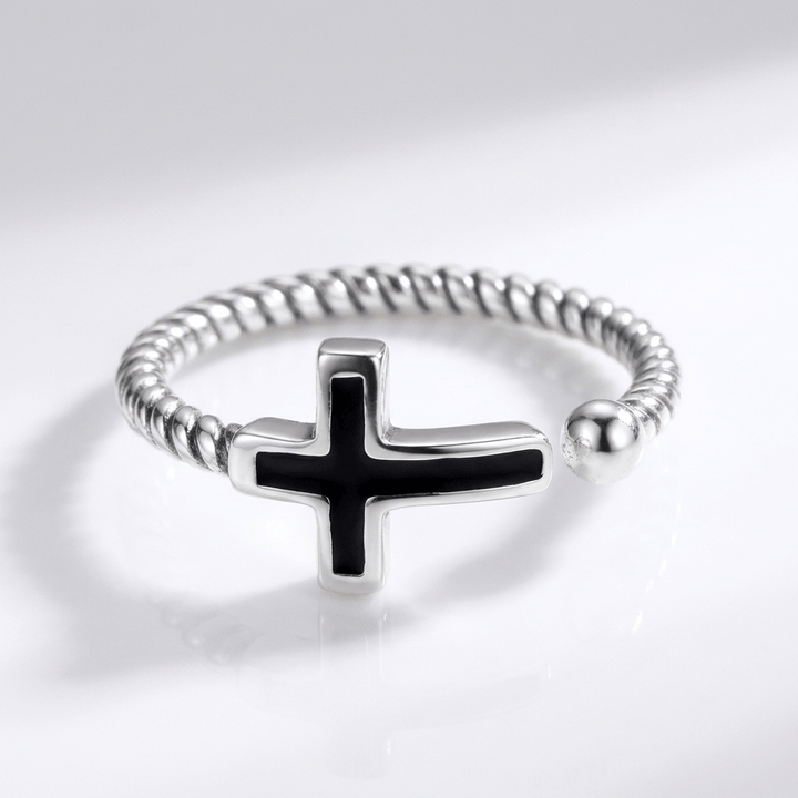 Adjustable Blessed Black Cross Ring