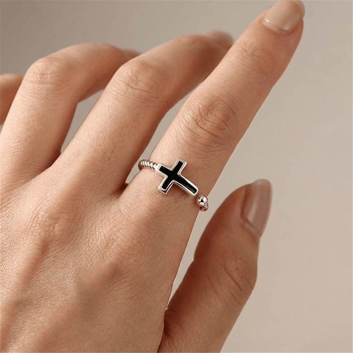 Adjustable Blessed Black Cross Ring