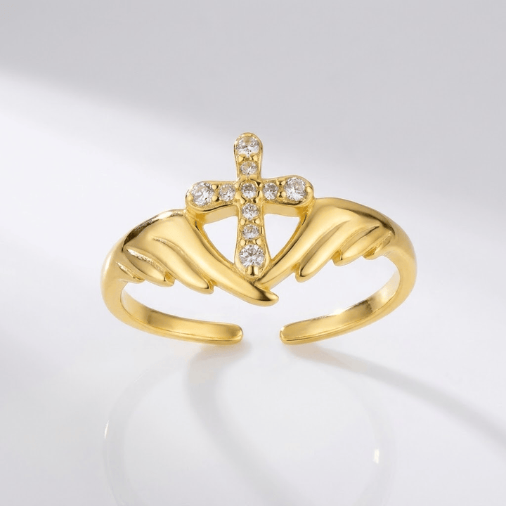 Adjustable Angel Wing Cross Ring with Zircon Diamonds