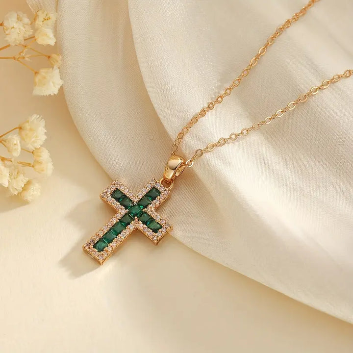 Gold Necklace with Sacred Emerald Cross