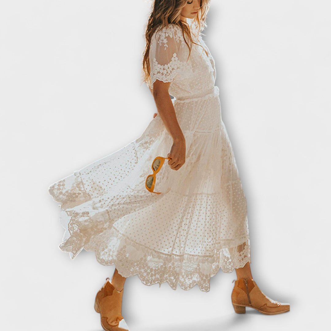 Lacey Midi Dress with V-Neck and Short Sleeves