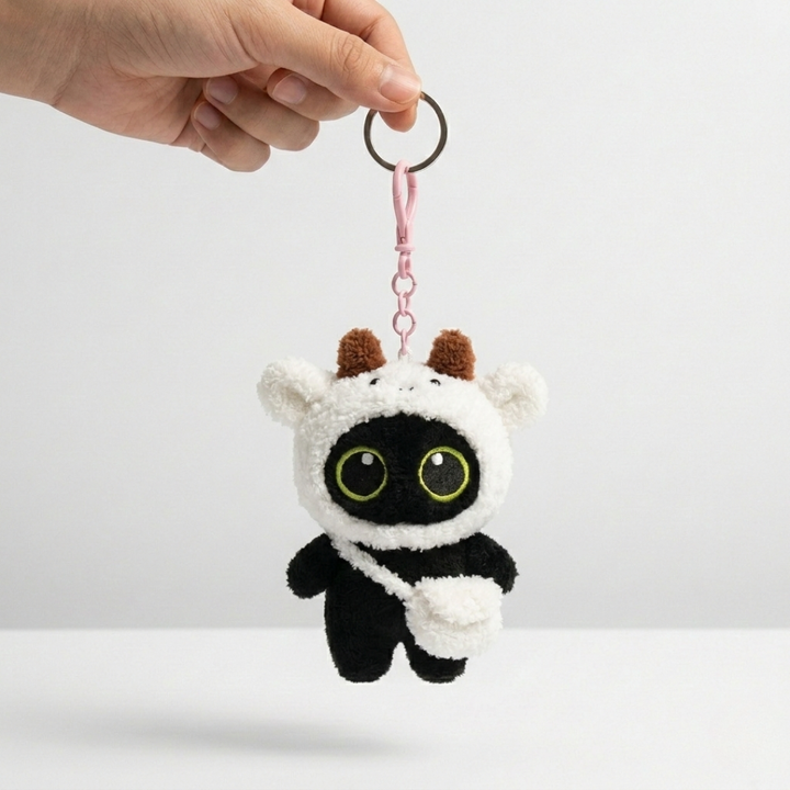 Adorable White Cow Keychain - Cute Kitty Design