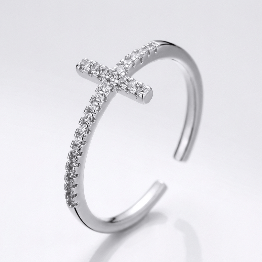 Adjustable Silver Diamond Cross Ring