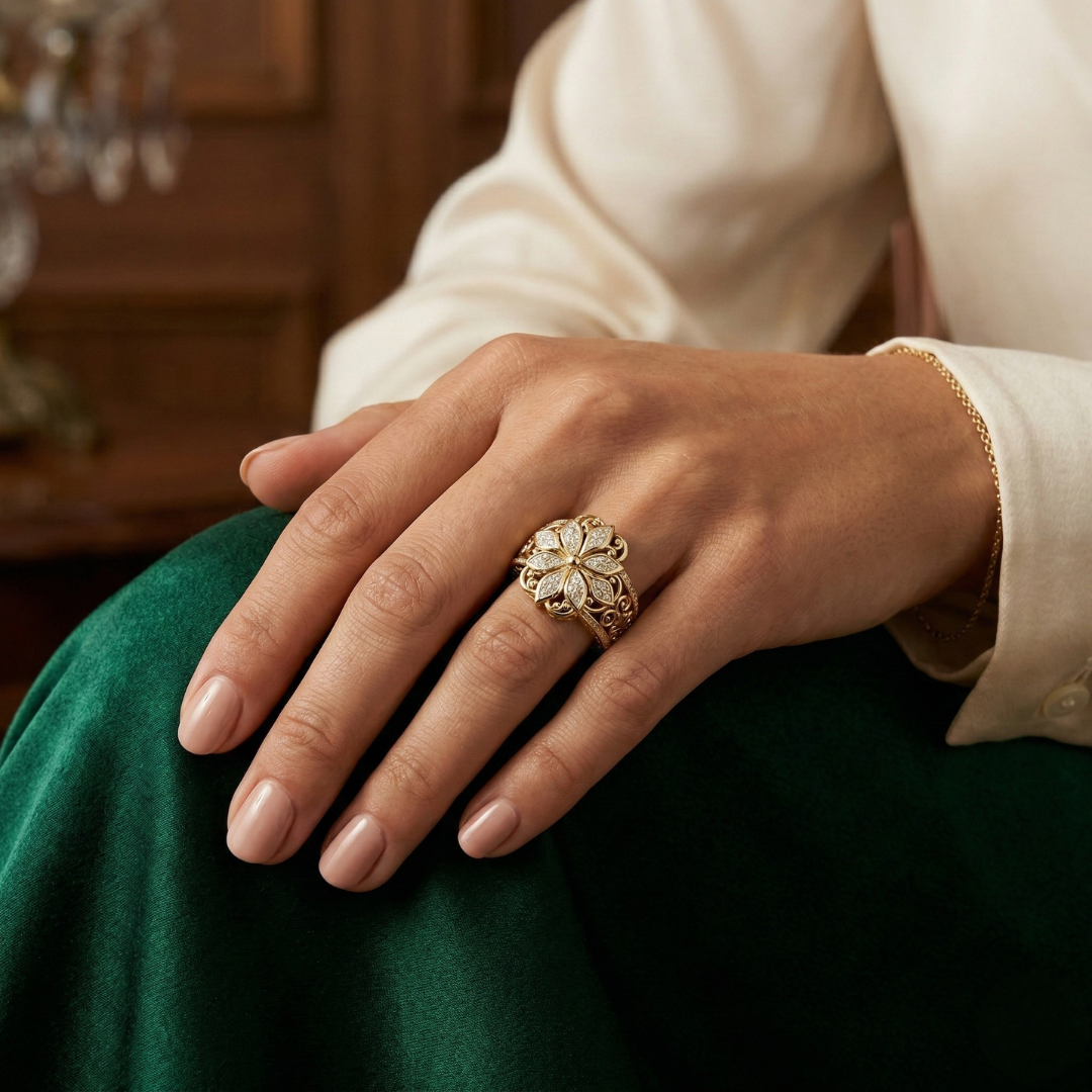 Gold Floral Ring with Cubic Zirconia