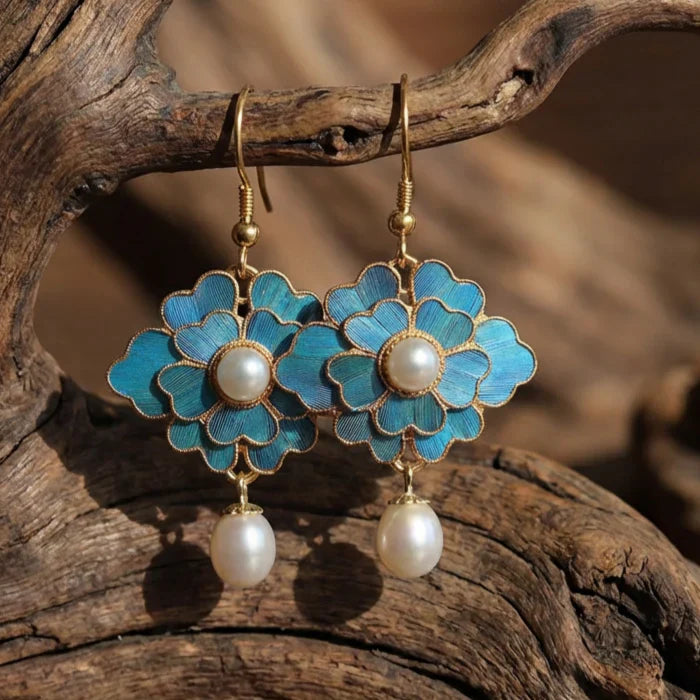 Vintage Pearl and Blue Lotus Drop Earrings