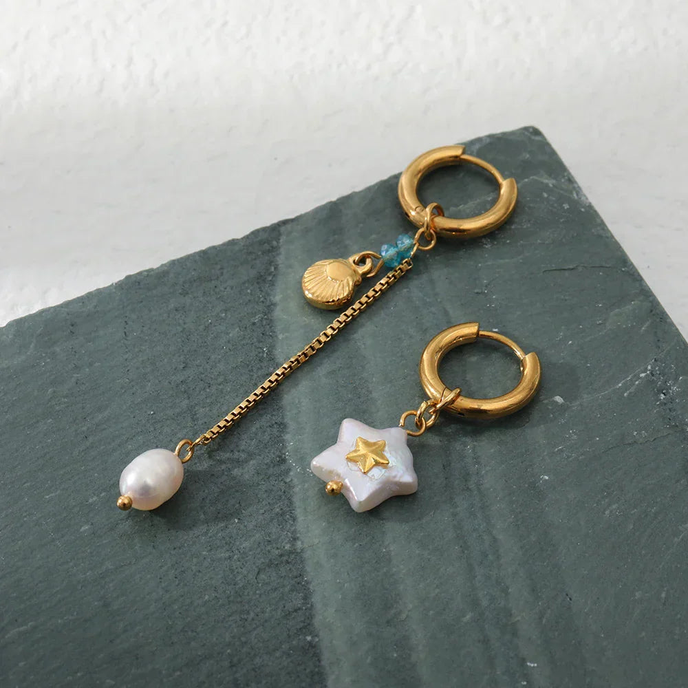 Gold White Star Earrings