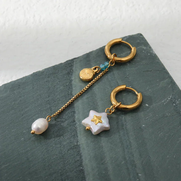 Gold White Star Earrings