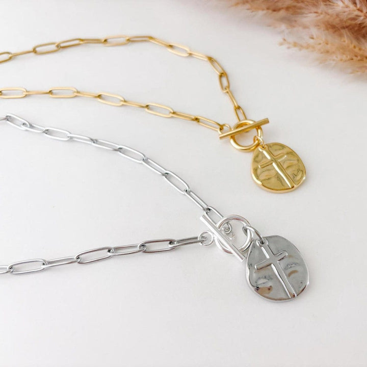 Cross Coin Necklace in Paperclip Style