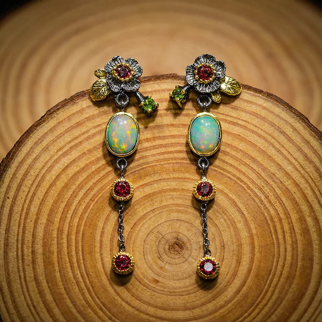 Boho Opal and Red Zirconia Earrings