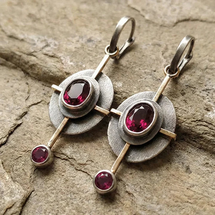 Sterling Silver Boho Earrings with Garnet Crystal