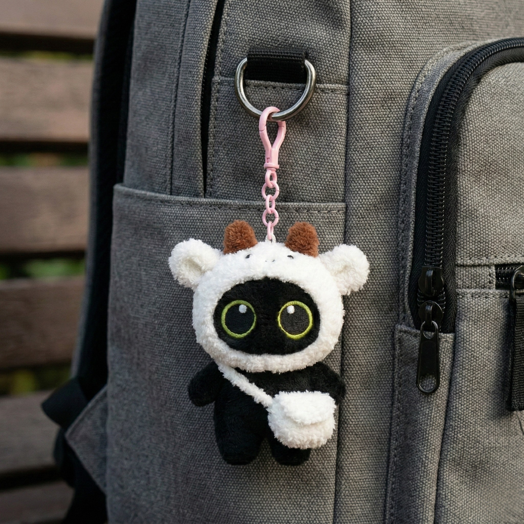 Adorable White Cow Keychain - Cute Kitty Design