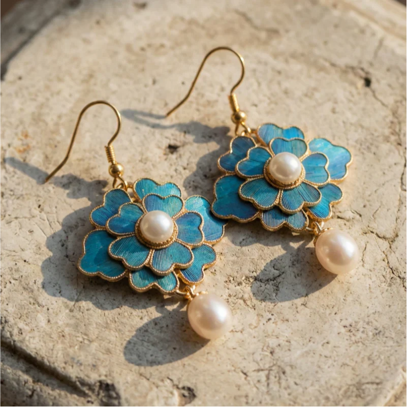 Vintage Pearl and Blue Lotus Drop Earrings