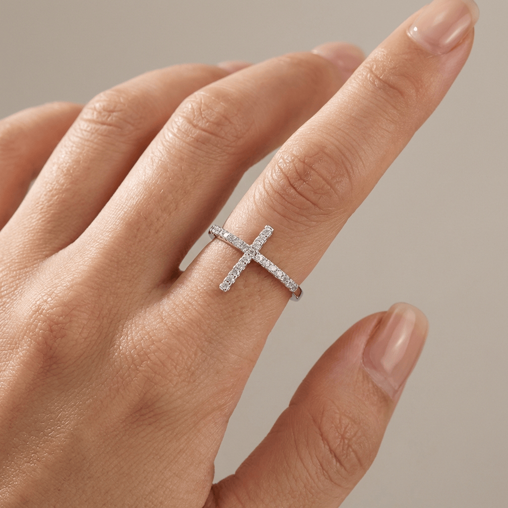 Adjustable Silver Diamond Cross Ring