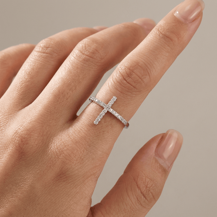 Adjustable Silver Diamond Cross Ring