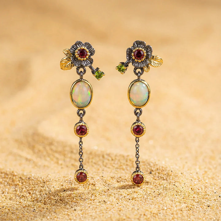 Boho Opal and Red Zirconia Earrings