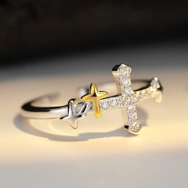 Adjustable Golden Star Cross Ring
