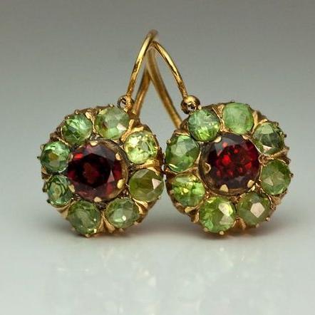 Vintage Round Earrings with Green and Red Crystals