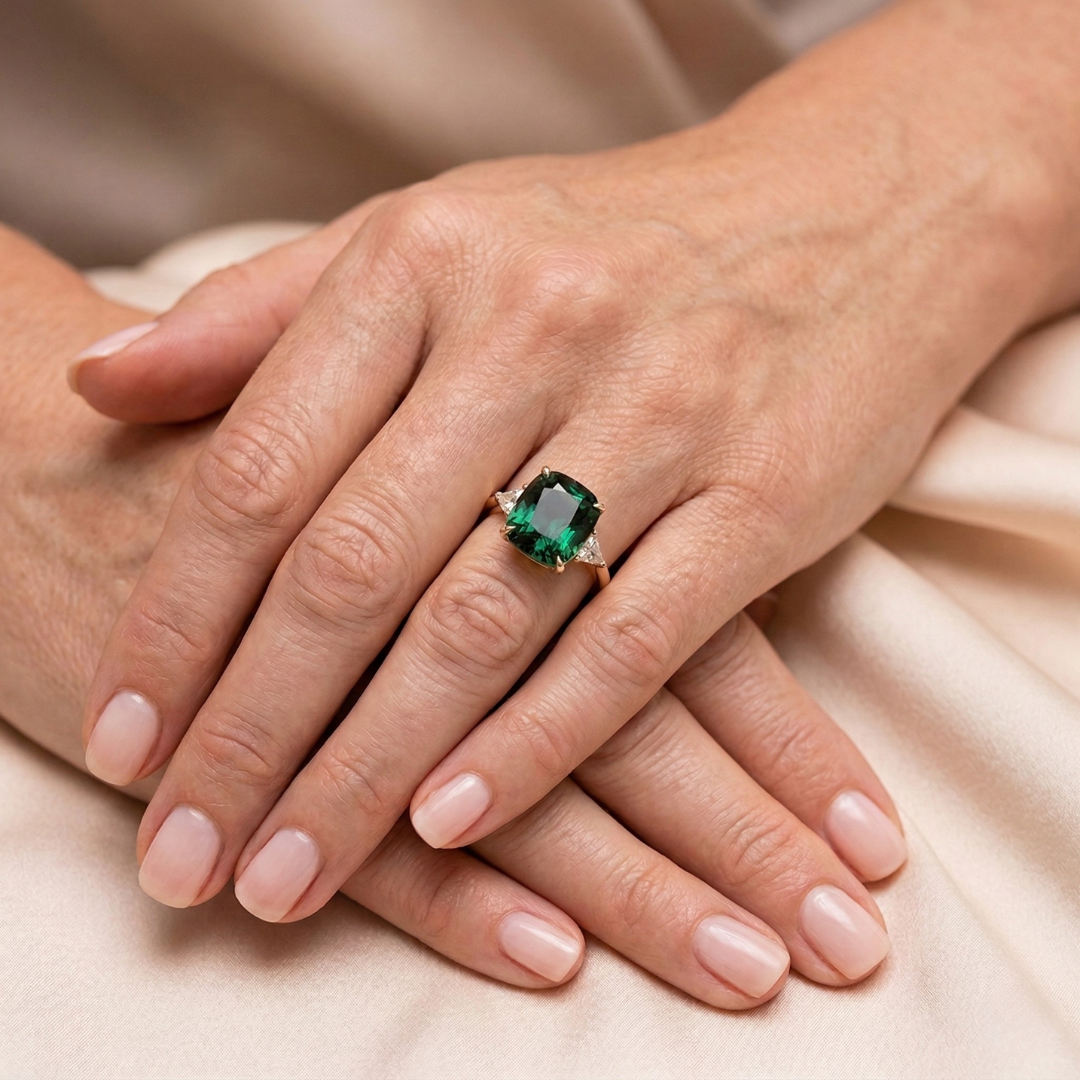 Gold Ring with Green Gemstone" can be rewritten as "Green Gemstone Gold Ring.