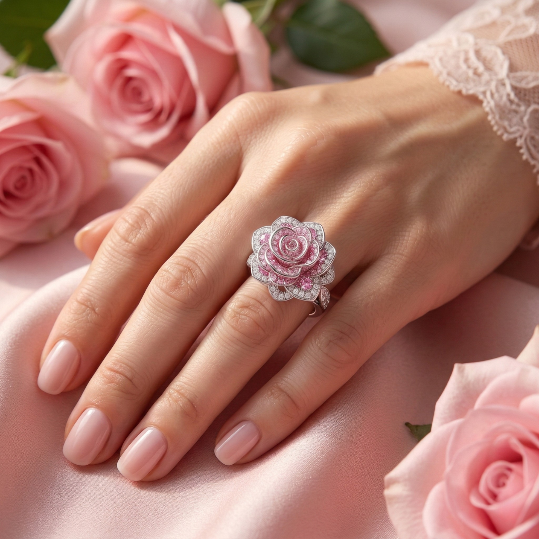 Exotic Pink Flower Silver Ring