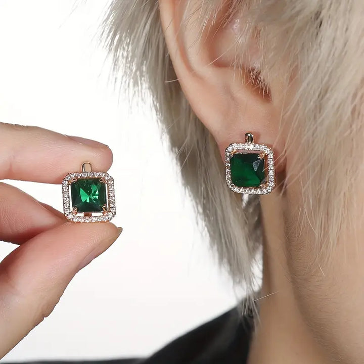 Square Green Zirconia Stud Earrings