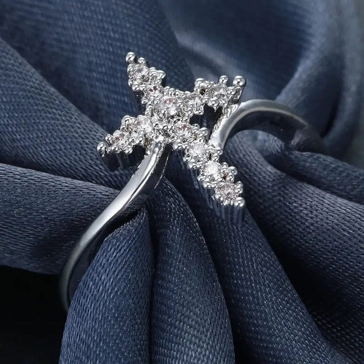 Zirconia-Studded Silver Cross Ring