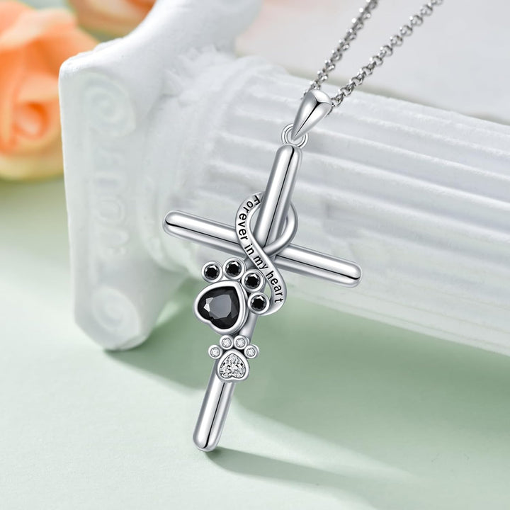 Paw Print & Cross Silver Pendant Necklace