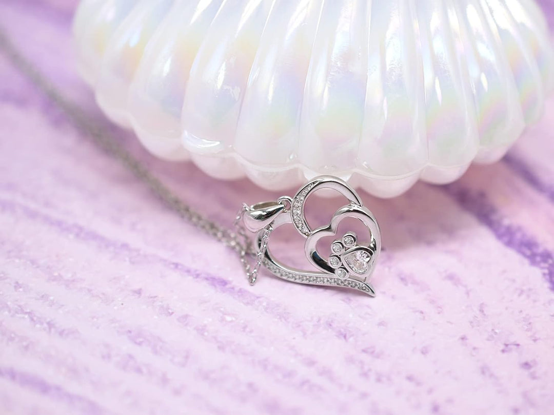 Sterling Silver Paw Print Heart Necklace with Zirconia